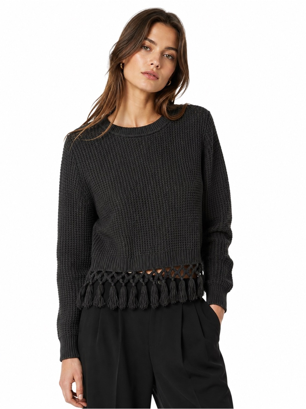 Club Monaco Fringe Hemmed Knit Crewneck Sweater